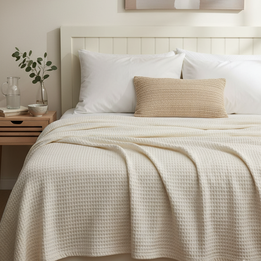 Off-white textured thermal blanket draped over a bed.