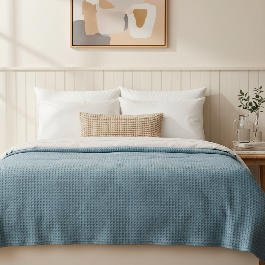Front view of a bed dressed with a washed blue thermal blanket.