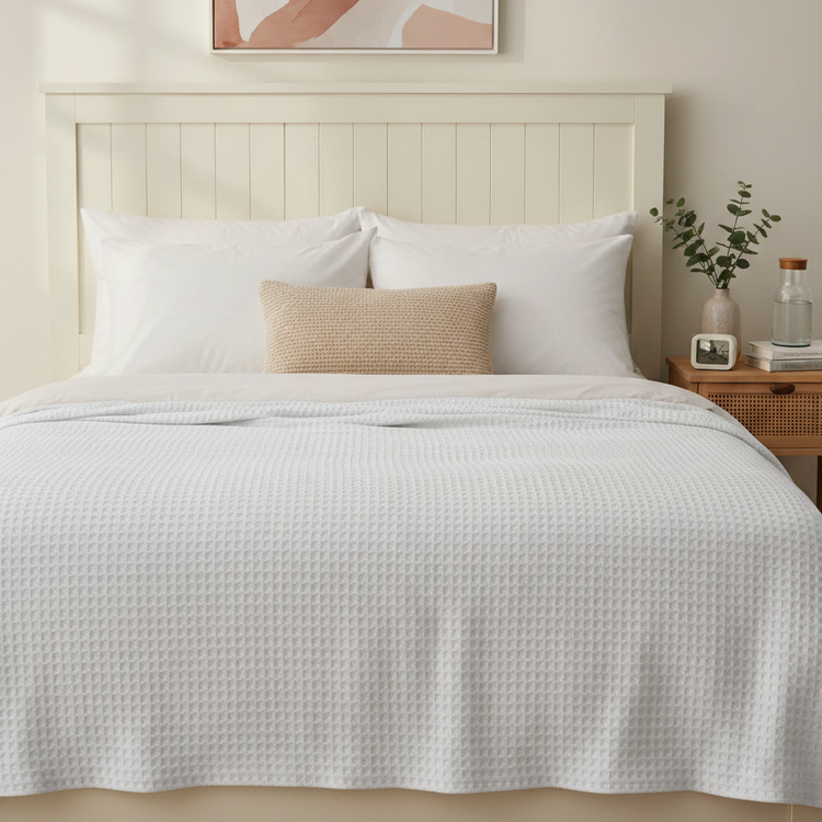 White textured thermal blanket draped over a bed.