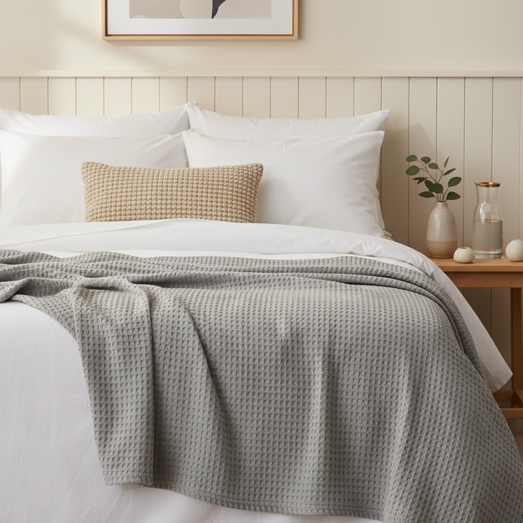 Front view of a bed dressed with a light grey thermal blanket.