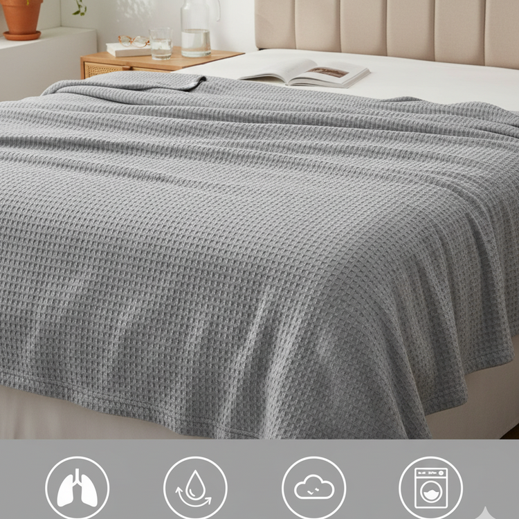 Light gray waffle-textured blanket on a bed with feature icons below