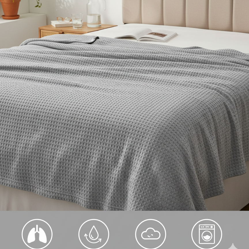 Light gray waffle-textured blanket on a bed with feature icons below