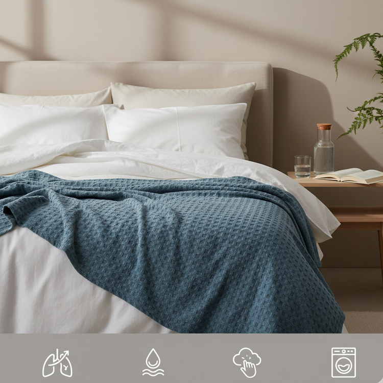 Washed blue waffle-textured blanket on a bed with feature icons below