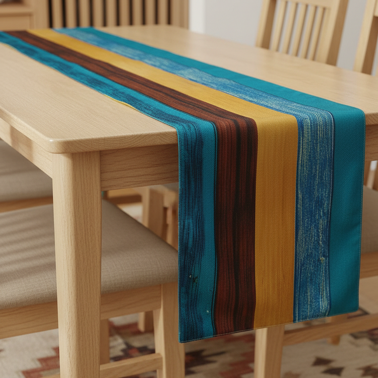 Close view of a turquoise, brown and mustard striped table runner.