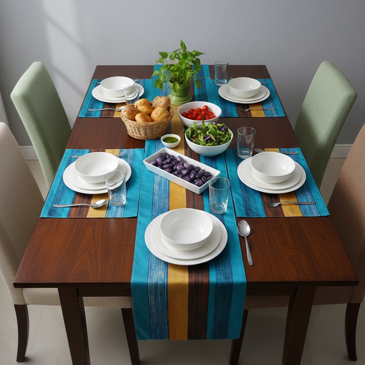 Turquoise and mustard striped table runner with matching placemats.