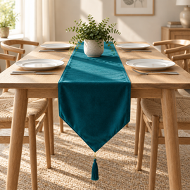 Plain teal velvet table runner with a pointed end on a wooden table.