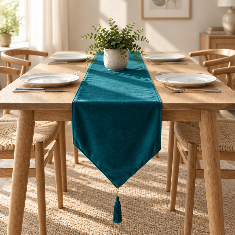 Plain teal velvet table runner with a pointed end on a wooden table.