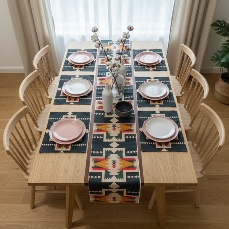 Dark multicoloured geometric table runner with matching placemats.