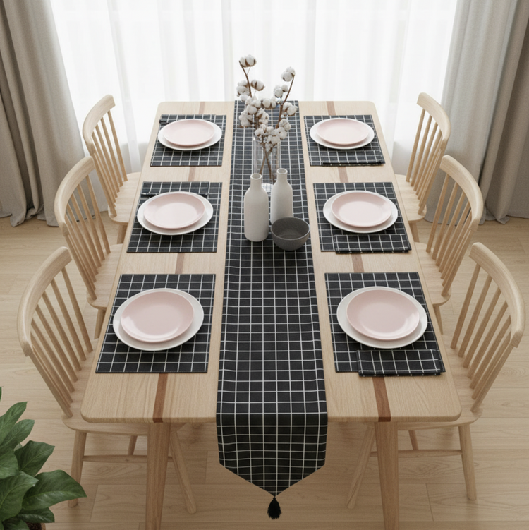 Black grid-pattern table runner with matching placemats and a tasselled end.