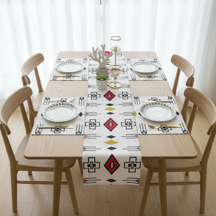 Cream geometric table runner with black, red and yellow motifs and matching placemats.