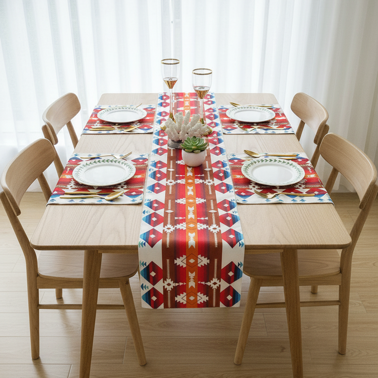 Bright geometric diamond table runner with matching placemats on a dining table.