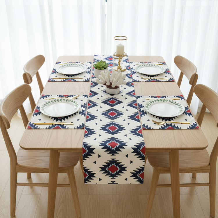 Cream table runner with navy and red geometric diamonds and matching placemats.