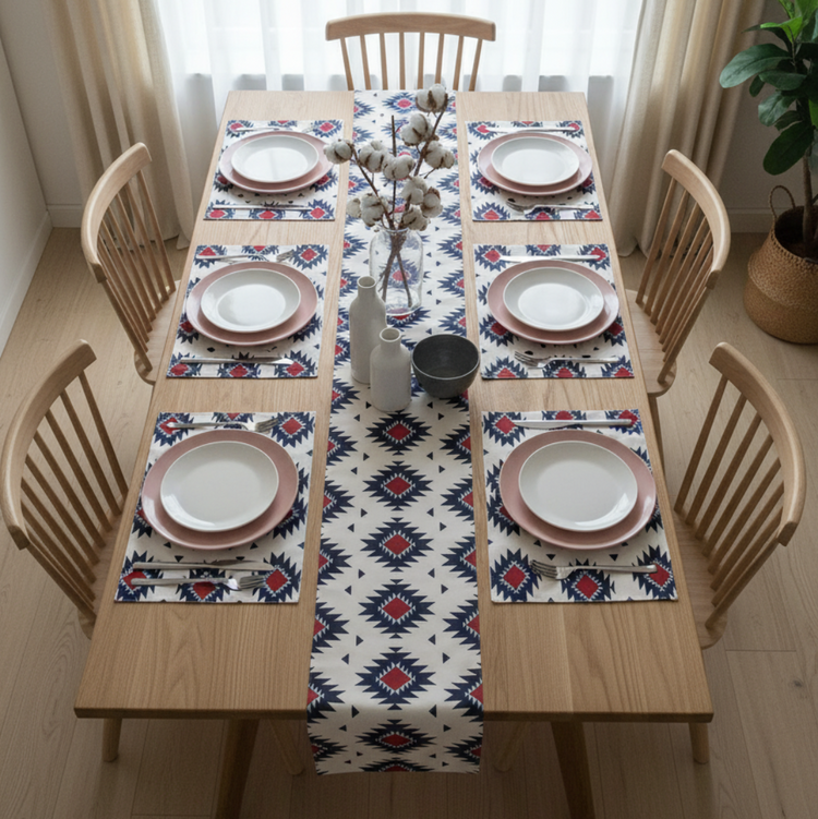 Cream table runner with navy and red geometric diamonds and matching placemats.