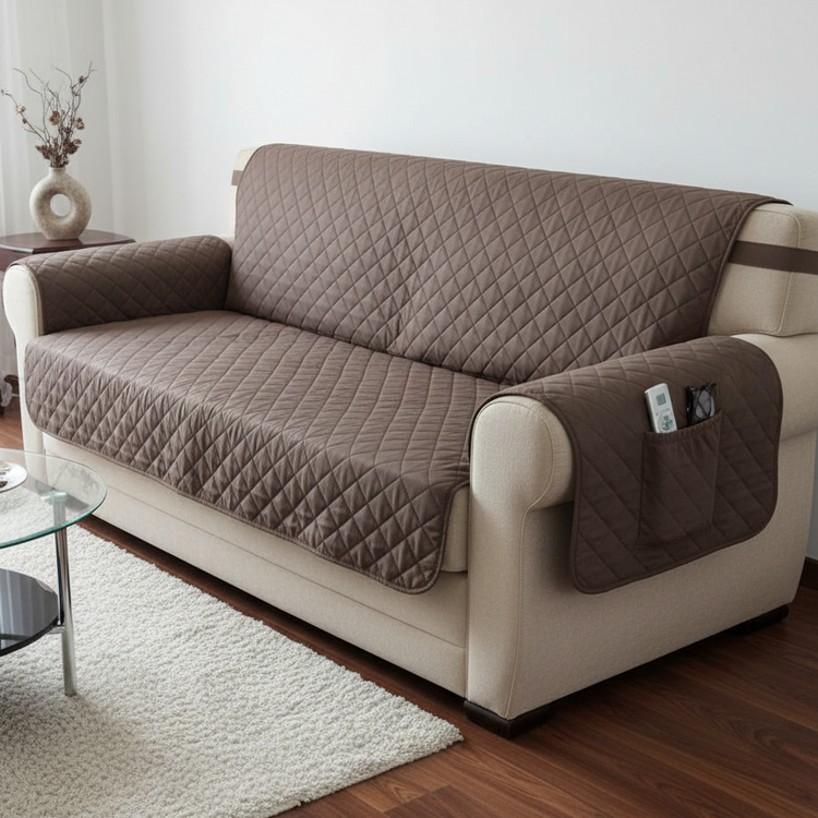 Brown quilted sofa cover with an armrest pocket holding remote controls