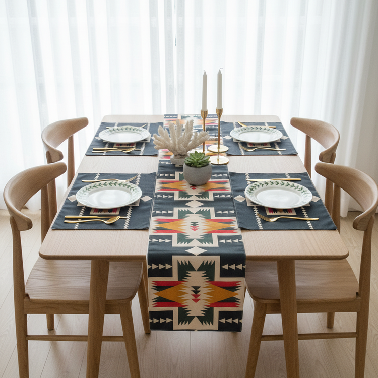 Dark multicoloured geometric table runner with matching placemats.
