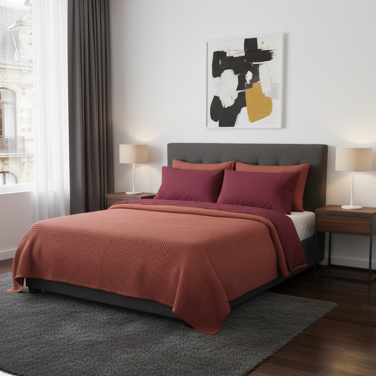 Reddish-brown duvet cover displayed on a bed with matching pillowcases.