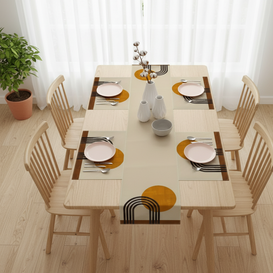 Cream table runner with mustard circles, black arches and matching placemats.
