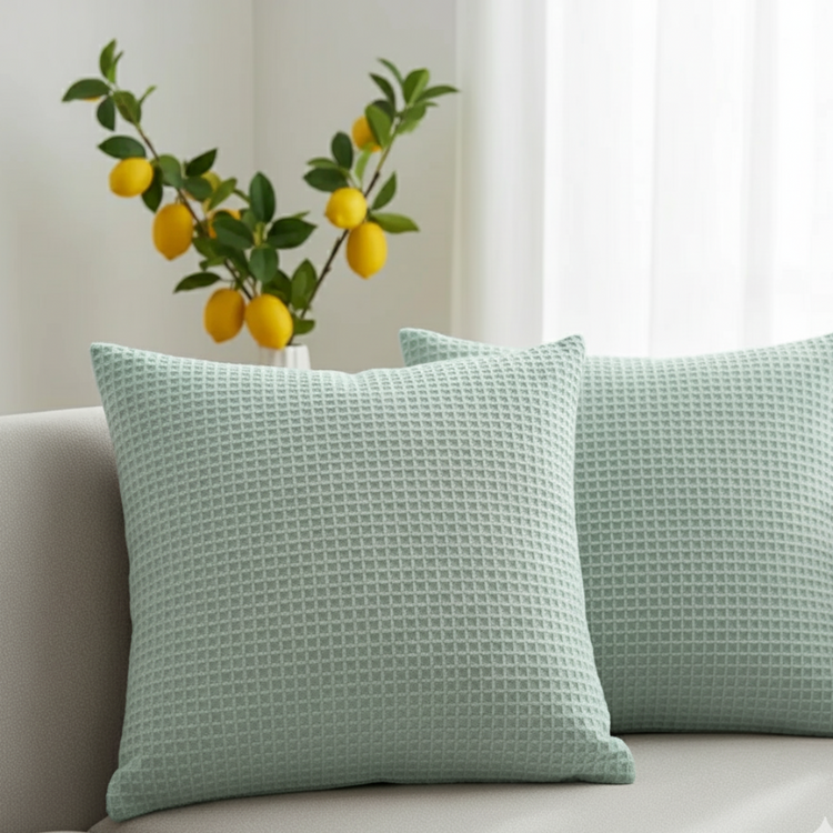 Two pale sage green cushion covers with a waffle texture displayed on a sofa.