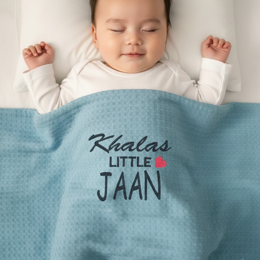 Infant under a blue waffle-textured blanket with Khalas Little Jaan lettering and a red heart