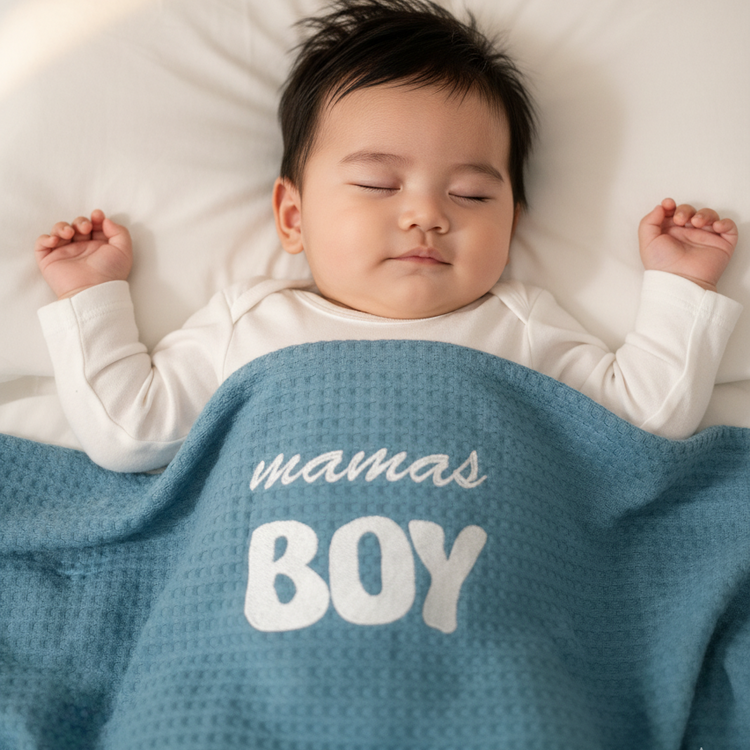 Infant under a blue waffle-textured blanket with white mamas BOY lettering