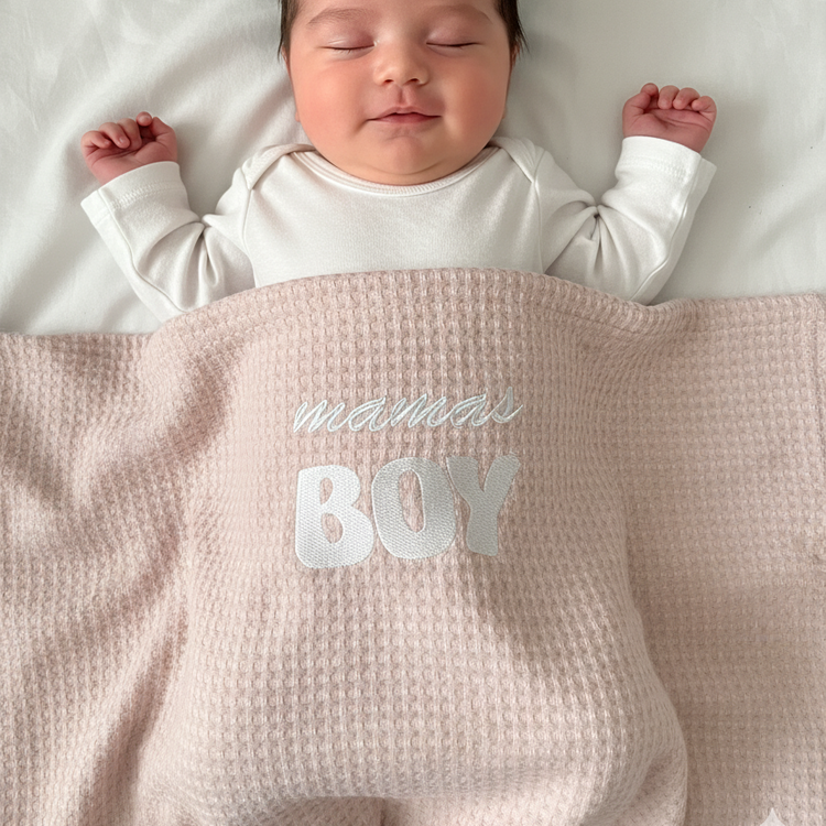 Beige waffle-textured baby blanket with white 'mamas BOY' lettering, shown covering a baby.
