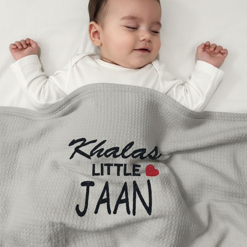 Infant under a gray waffle-textured blanket with Khalas Little Jaan lettering and a red heart