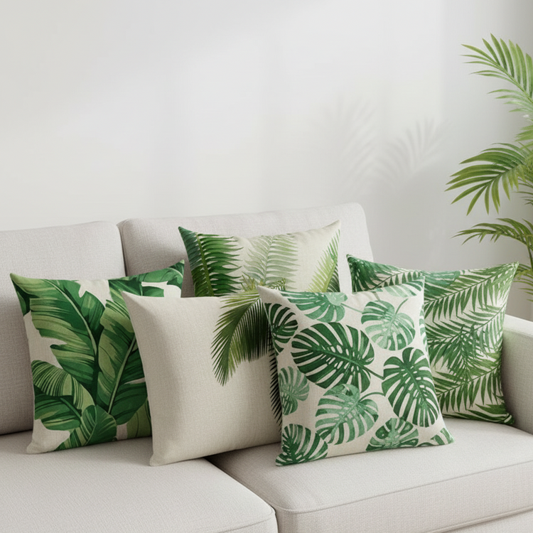 Green tropical leaf cushion covers arranged on a white sofa.