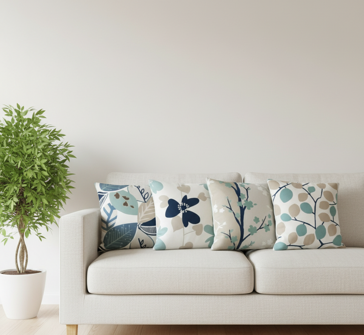 Four muted blue and green botanical cushion covers displayed on a cream sofa.