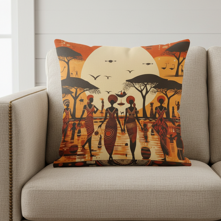 Orange sunset scene cushion cover with figures and trees displayed on a cream armchair.