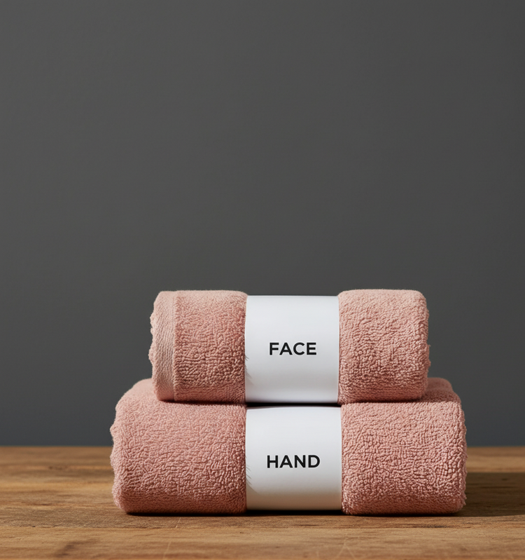 Tea pink face and hand towels stacked with labelled paper bands.