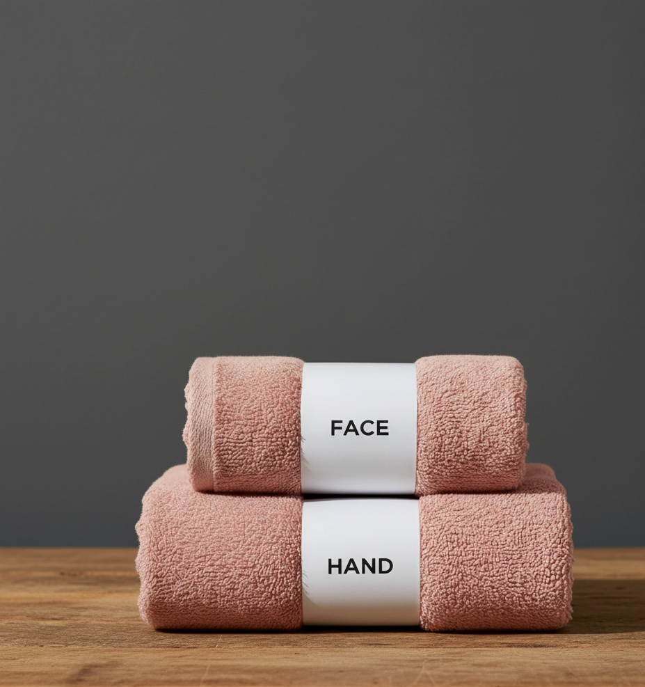 Tea pink face and hand towels stacked with labelled paper bands.