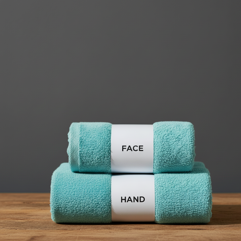 Turquoise face and hand towels stacked with labelled paper bands.