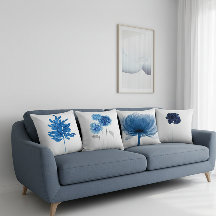 Four white cushion covers with blue floral prints arranged on a blue sofa.