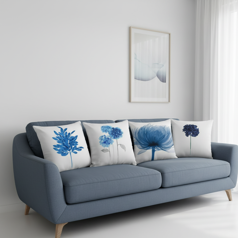 Four white cushion covers with blue floral prints arranged on a blue sofa.