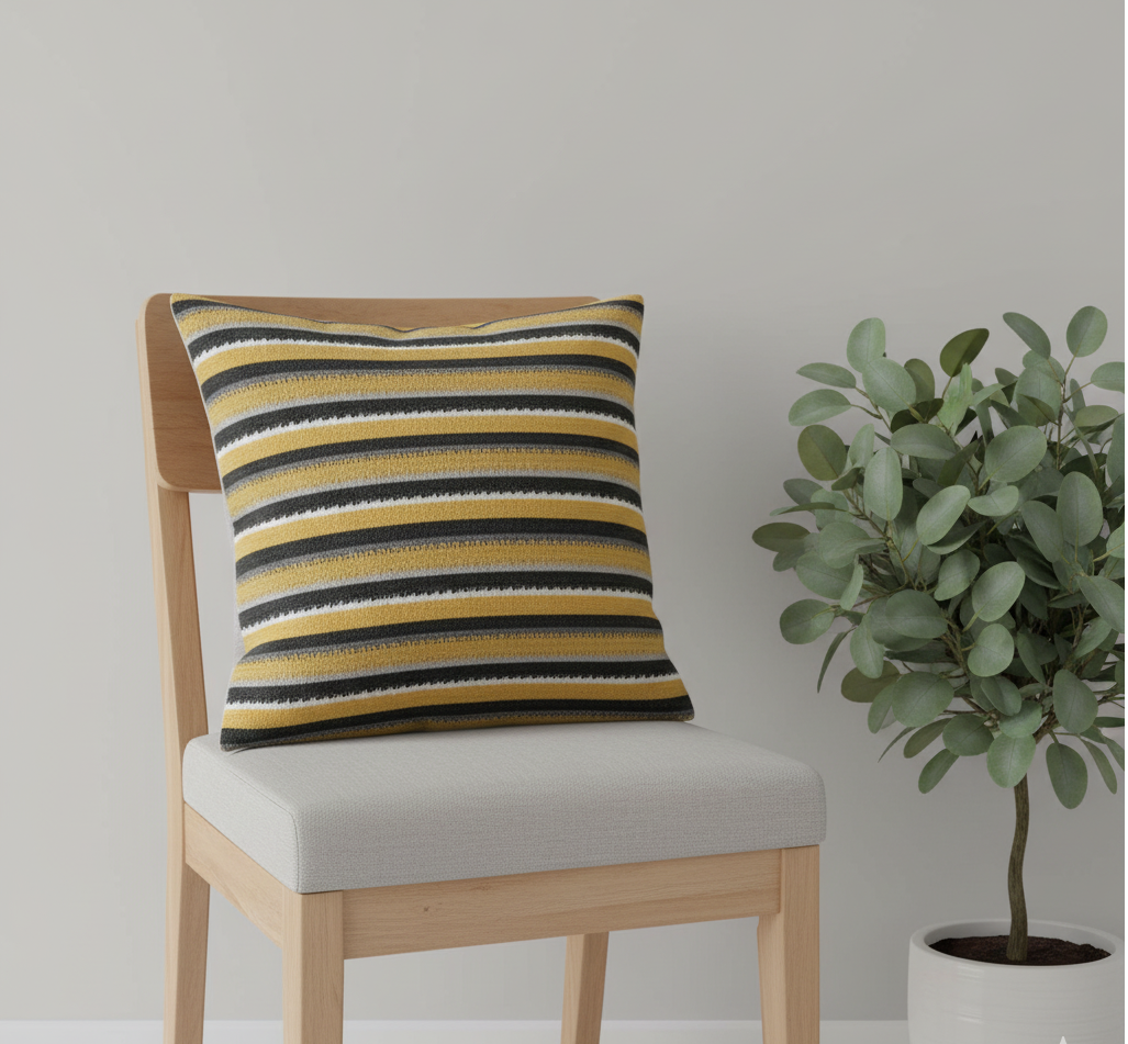 Cushion cover with narrow yellow, cream and dark grey horizontal stripes.