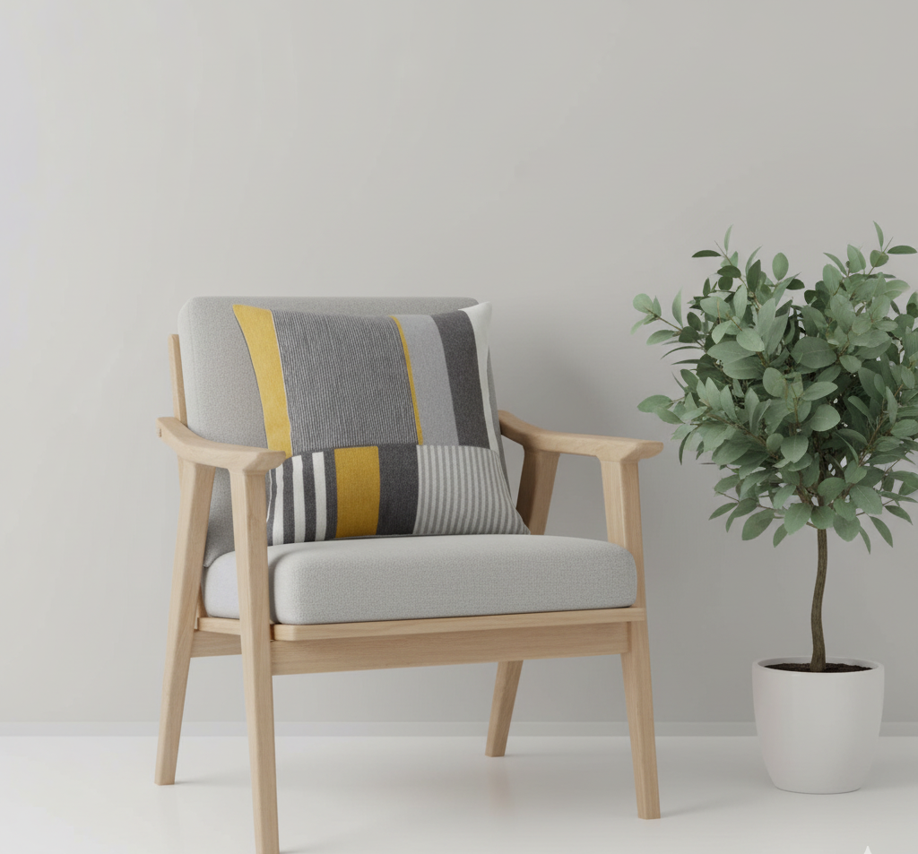 Cushion cover with grey, yellow and cream vertical stripes.