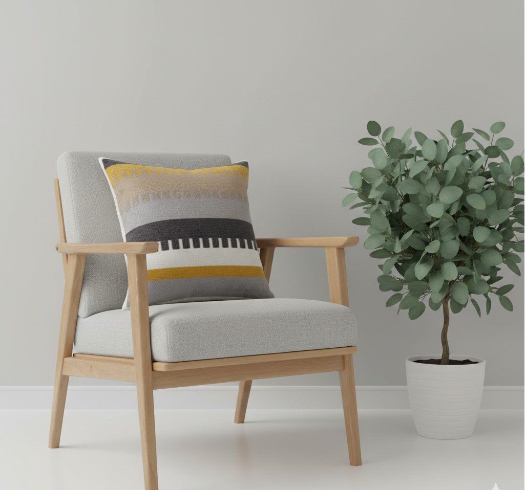 Cushion cover with grey colour blocks and yellow and black horizontal stripes.