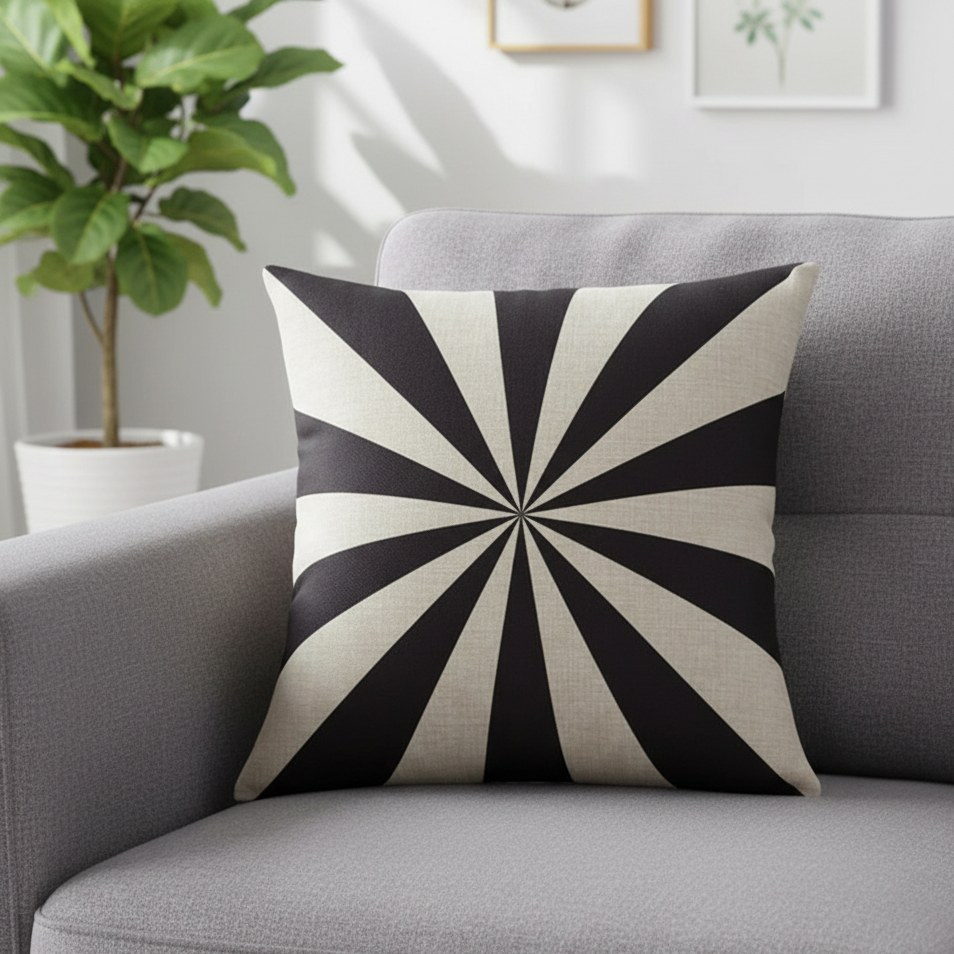 Cushion cover with black and cream wedges radiating from the centre.