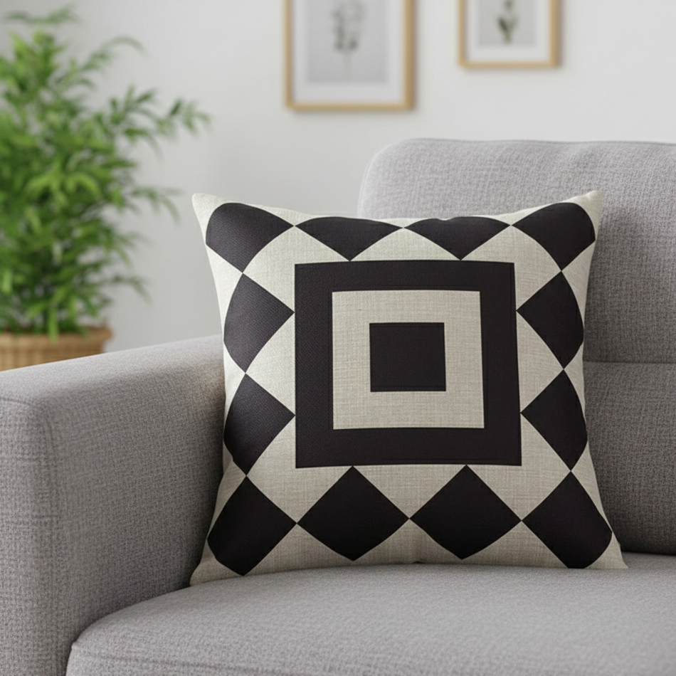 Cushion cover with nested black and cream squares and a diamond border.
