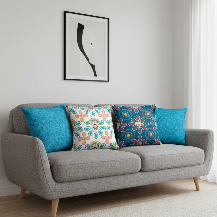 Turquoise and cream floral cushion covers displayed on a grey sofa.