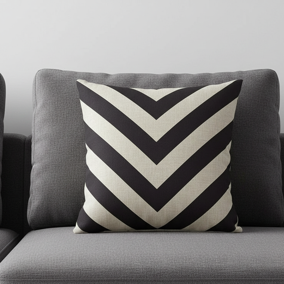 Cushion cover with broad black and cream chevron stripes.