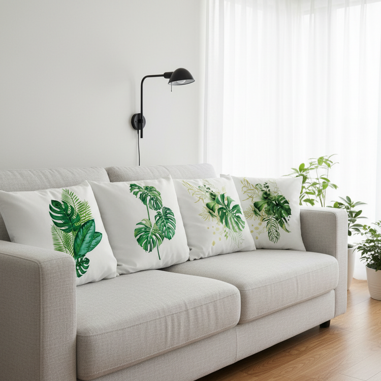 Four white cushion covers with green botanical prints arranged on a grey sofa.