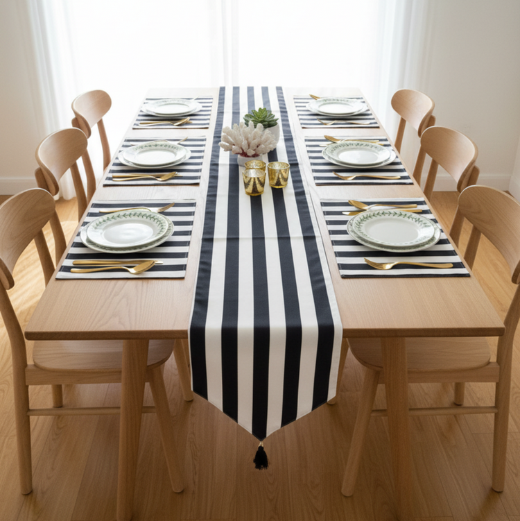 Broad black and white striped table runner with matching placemats.