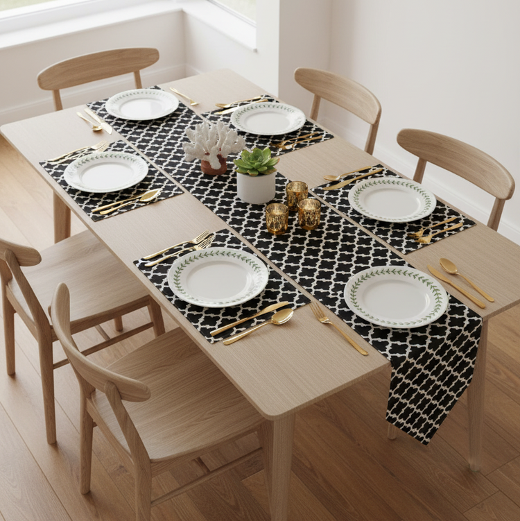 Black and white geometric lattice table runner with matching placemats.