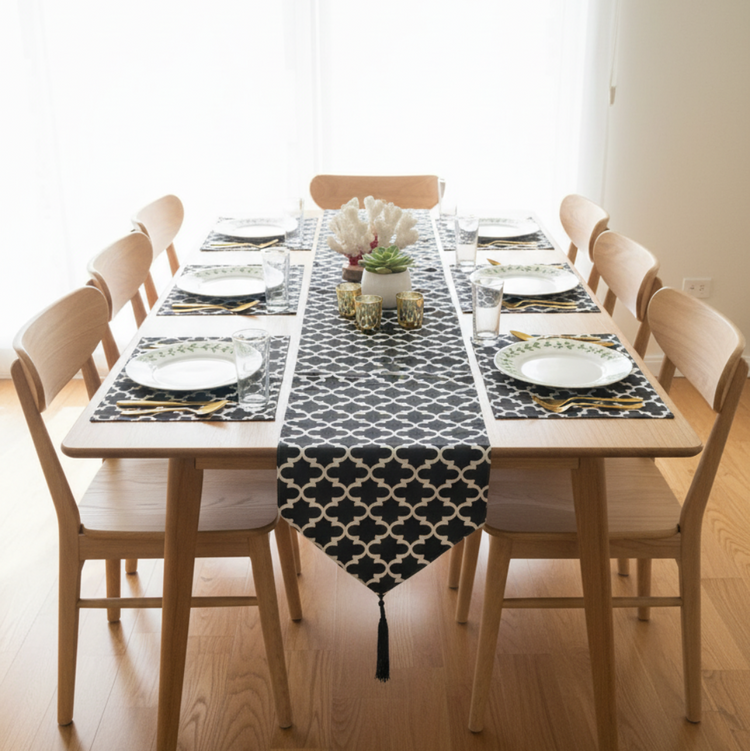 Black and white geometric lattice table runner with matching placemats.