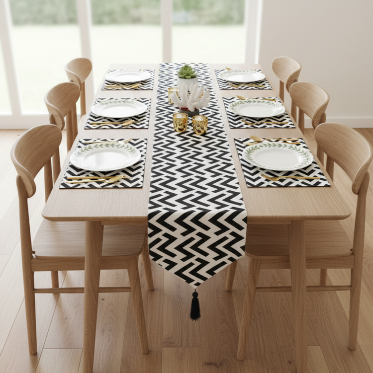 Black and white zigzag table runner with matching placemats.