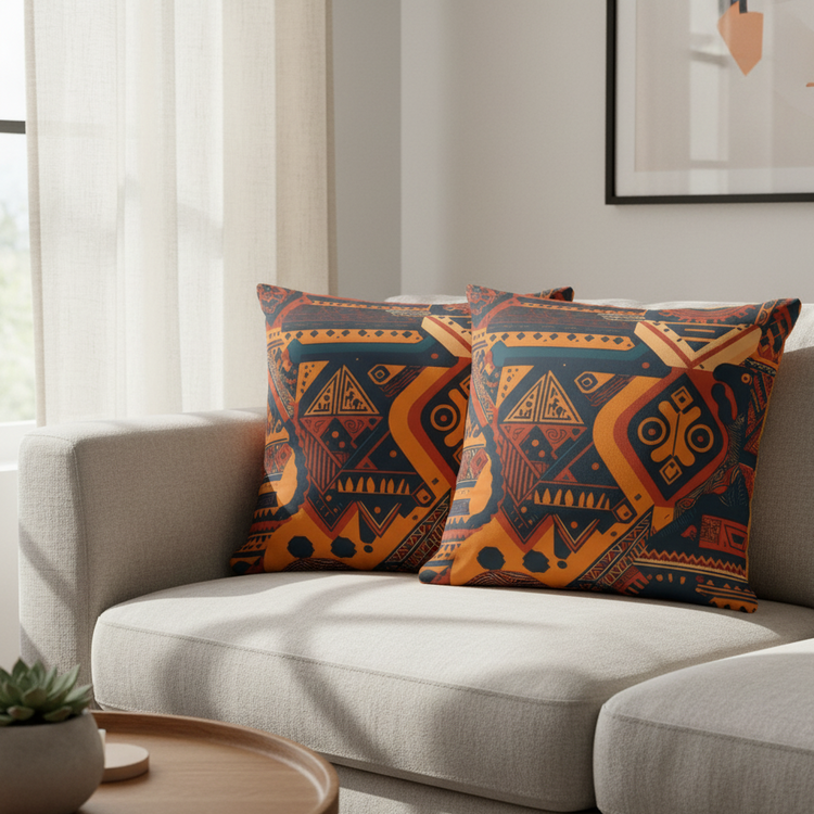 Two cushion covers with orange and dark blue geometric patterns on a cream sofa.