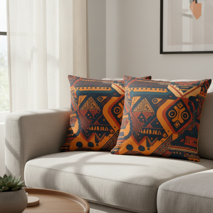 Two cushion covers with orange and dark blue geometric patterns on a cream sofa.