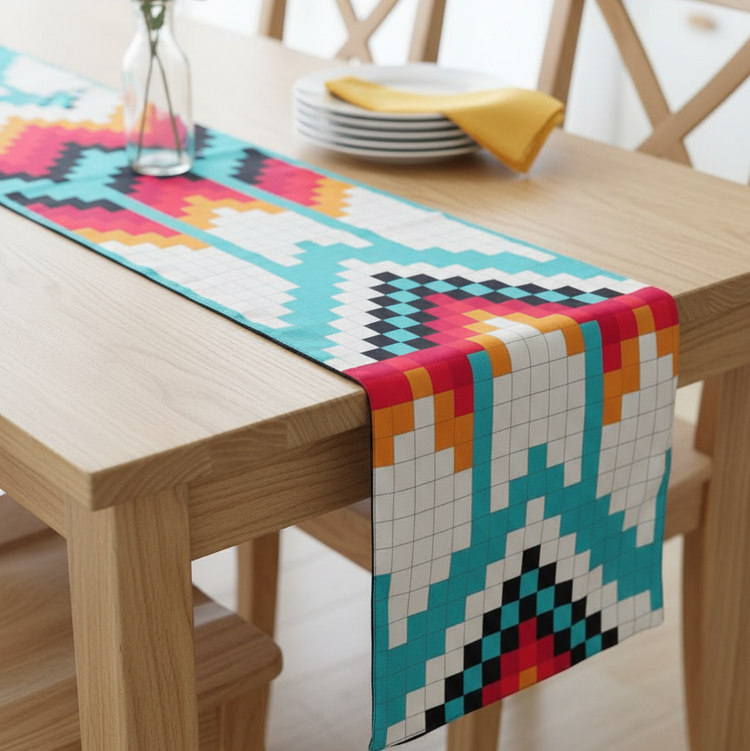 Turquoise, orange and cream geometric table runner draped over a wooden table.
