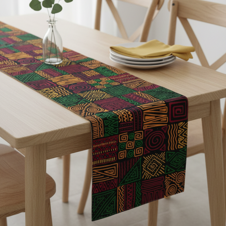 Multicoloured geometric patchwork-pattern table runner on a light dining table.